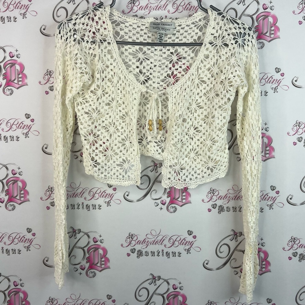 David brooks hand crochet long sleeve cardigan Women's Cream Crochet Top